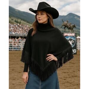 New Understated Leather x Free People River Walk Black Sm Fringe Poncho Sweater